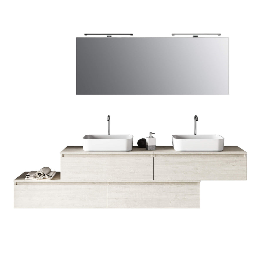 Composizione Mobile Bagno 225cm Sospesa Con Doppio Lavabo, Cassetti E Specchio Sherwood Naturale