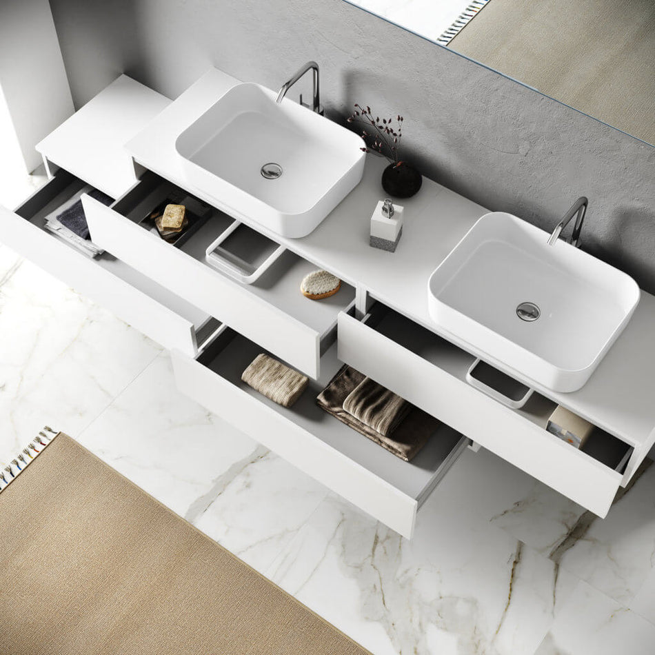 Composizione Mobile Bagno 225cm Sospesa Con Doppio Lavabo, Cassetti E Specchio