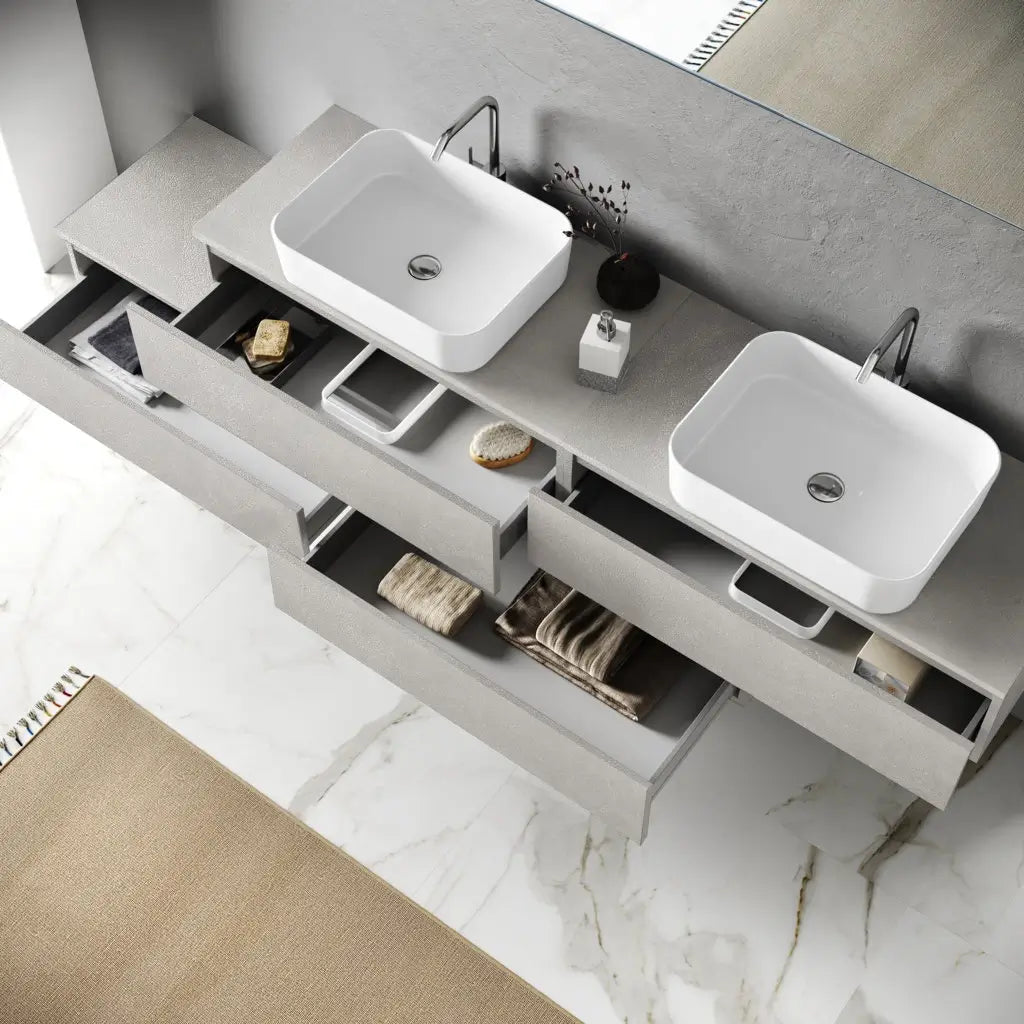 Composizione Mobile Bagno 225cm Sospesa Con Doppio Lavabo, Cassetti E Specchio