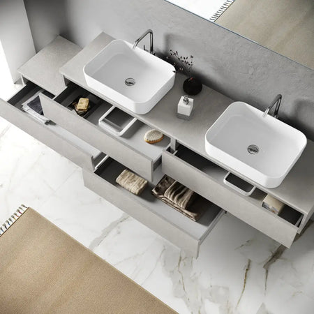 Composizione Mobile Bagno 225cm Sospesa Con Doppio Lavabo, Cassetti E Specchio