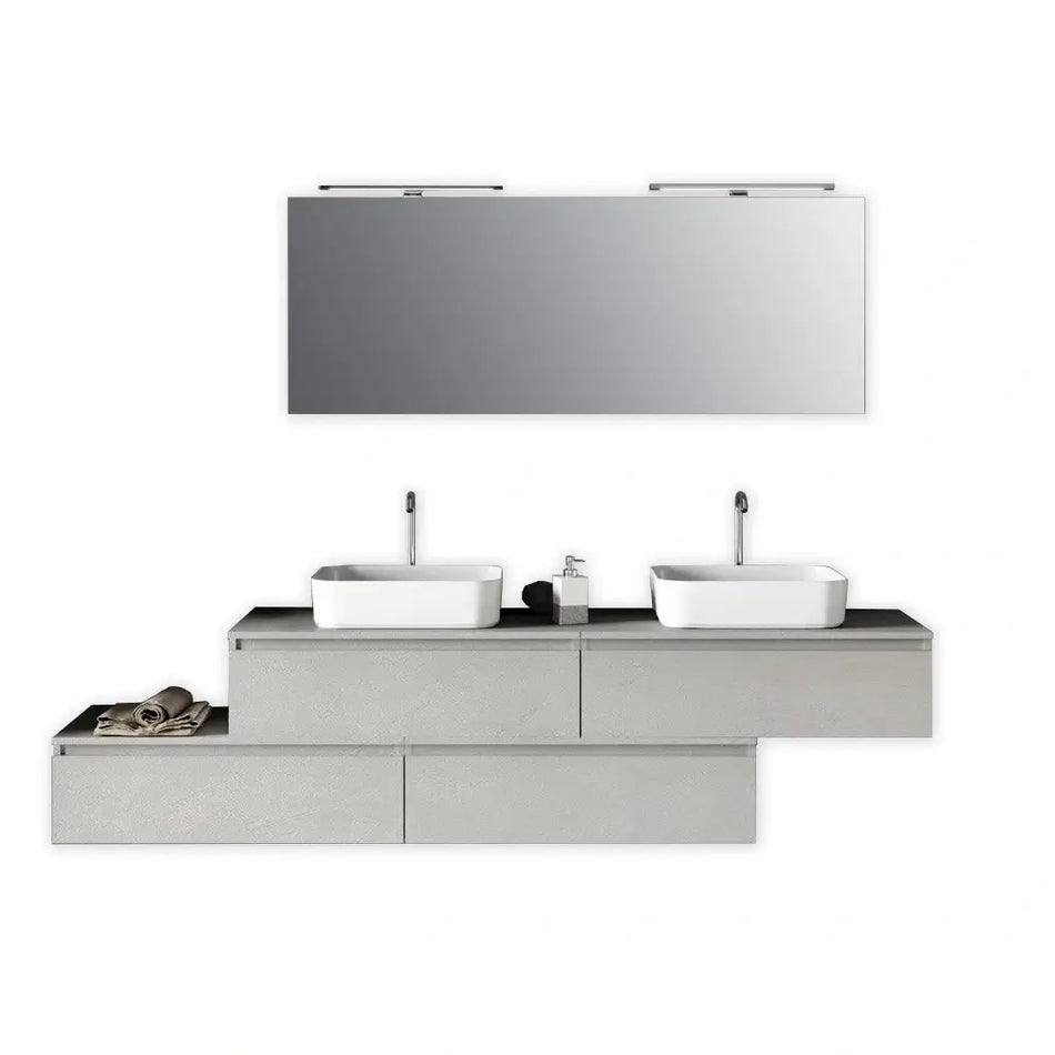 Composizione Mobile Bagno 225cm Sospesa Con Doppio Lavabo, Cassetti E Specchio Bianco Effetto Pietra