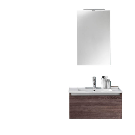 Composizione Mobile Bagno 70cm Sospeso Cassetto Specchio E Lampada Tabacco Scuro