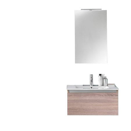 Composizione Mobile Bagno 70cm Sospeso Cassetto Specchio E Lampada Tabacco Chiaro