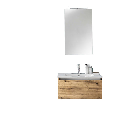 Composizione Mobile Bagno 70cm Sospeso Cassetto Specchio E Lampada Rovere Miele