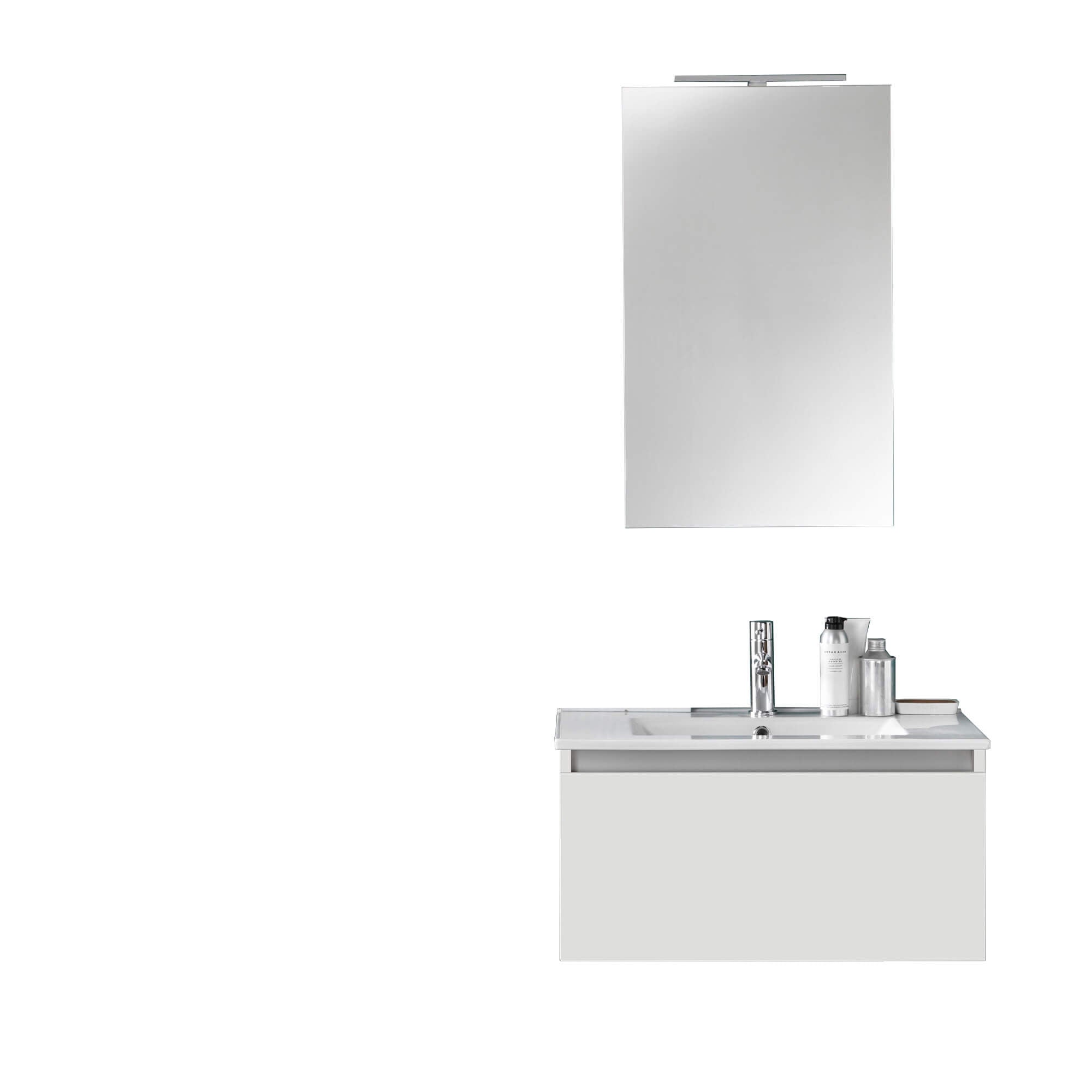 Composizione Mobile Bagno 70cm Sospeso Cassetto Specchio E Lampada Laccato Bianco Opaco