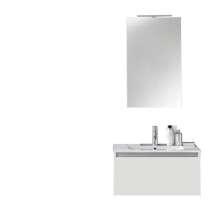 Composizione Mobile Bagno 70cm Sospeso Cassetto Specchio E Lampada Laccato Bianco Opaco