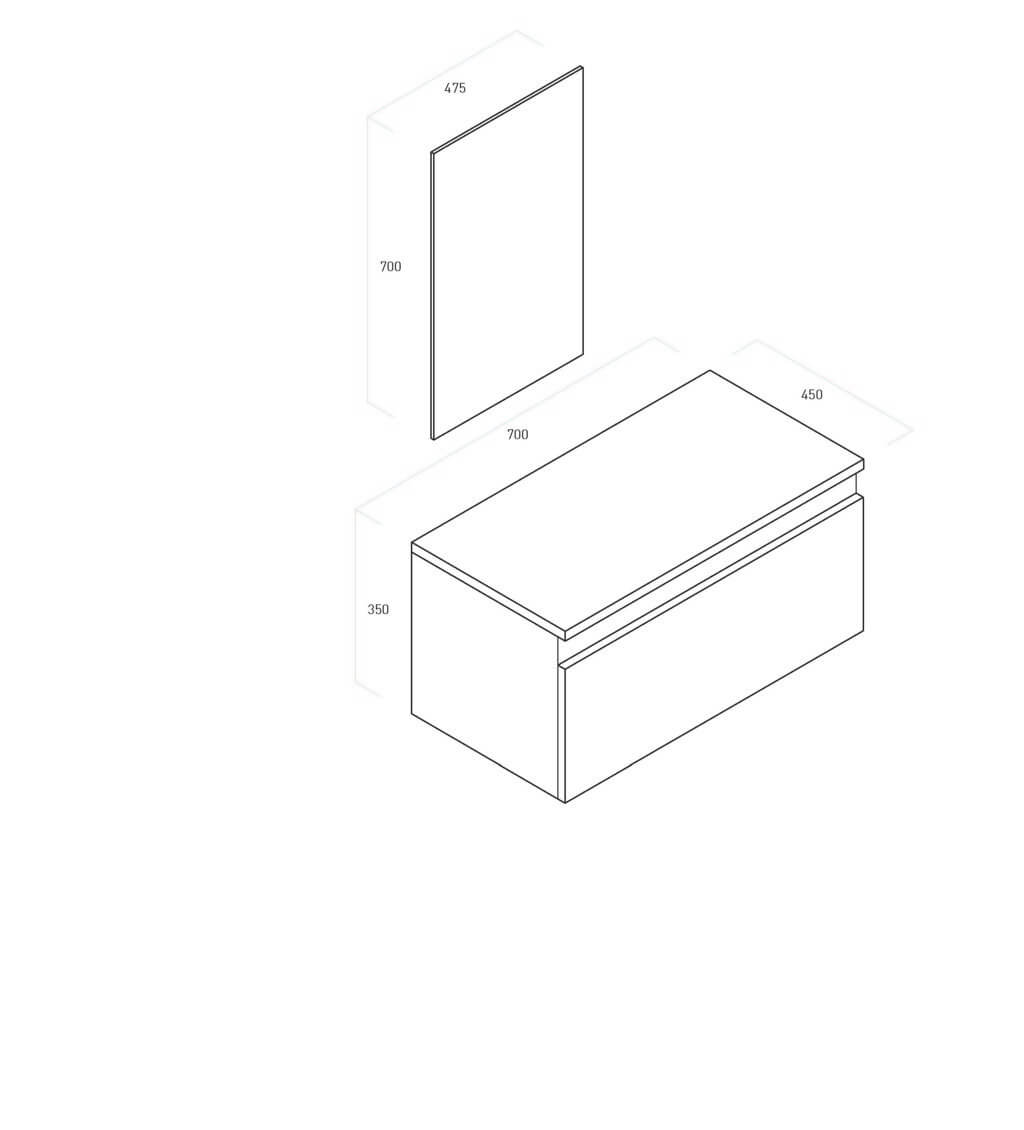 Composizione Mobile Bagno 70cm Sospeso Cassetto Specchio E Lampada