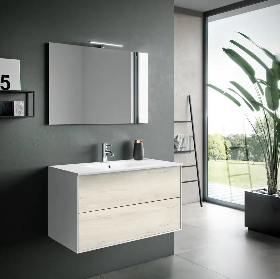 Composizione Mobile Bagno 90cm Sospeso Due Cassetti e Specchio Con Lampada Rovere Alaska