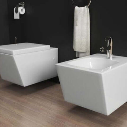 Coppia Sanitari Design Squadrato Sospesi / A Terra Filo Muro