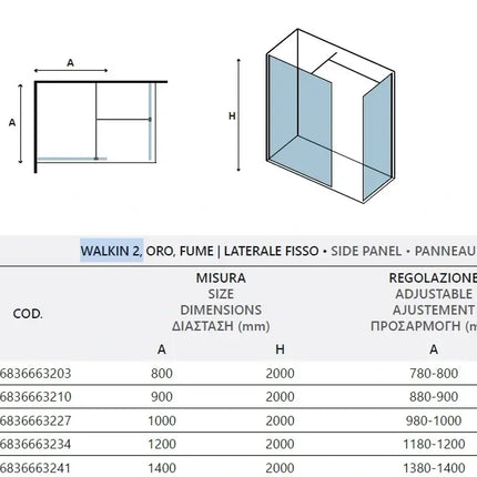 Doccia Walk in Due Pareti H200cm Fumè Anticalcare Profili Color Oro