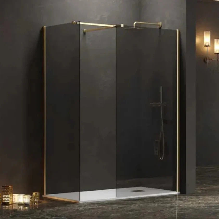 Doccia Walk in Due Pareti H200cm Fumè Anticalcare Profili Color Oro