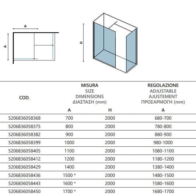 Doccia Walk in Due Pareti H200cm Trasparente 8mm Anticalcare