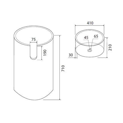 Disegno tecnico lavabo a colonna Karag Bora PRDG crema con misure: colonna h 71 cm con apertura 7,5 x 19 cm, vasca Ø 41 x 21 cm, scarico 45 mm