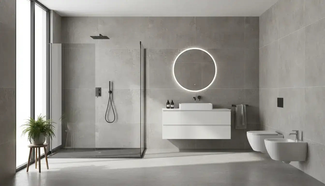 Lavabo sospeso minimalista bianco con design elegante e moderno e lavandino integrato.