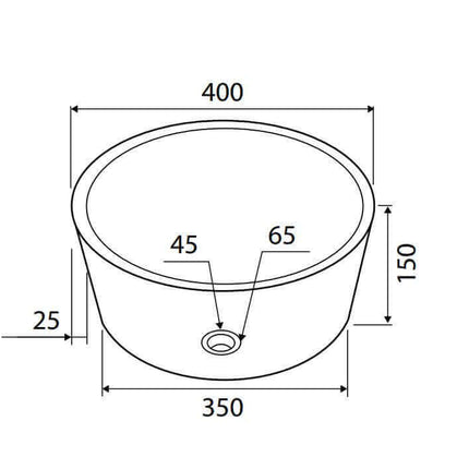 Schema tecnico lavabo tondo marmo grigio-nero Karag Timur: diametro esterno 400mm, interno 350mm, altezza 150mm, bordo 25mm, foro scarico 45mm