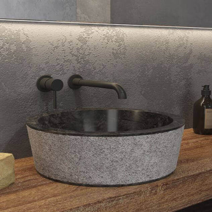 Lavabo marmo grigio-nero Karag Timur 40cm su piano legno con illuminazione led: esterno granuloso grigio, interno nero lucidato a scodella profonda