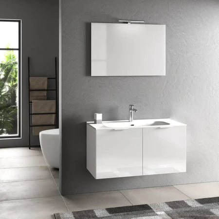 Mobile Bagno 100cm Sospeso Con 2 Ante e Specchio con Lampada Bianco Laccato Lucido