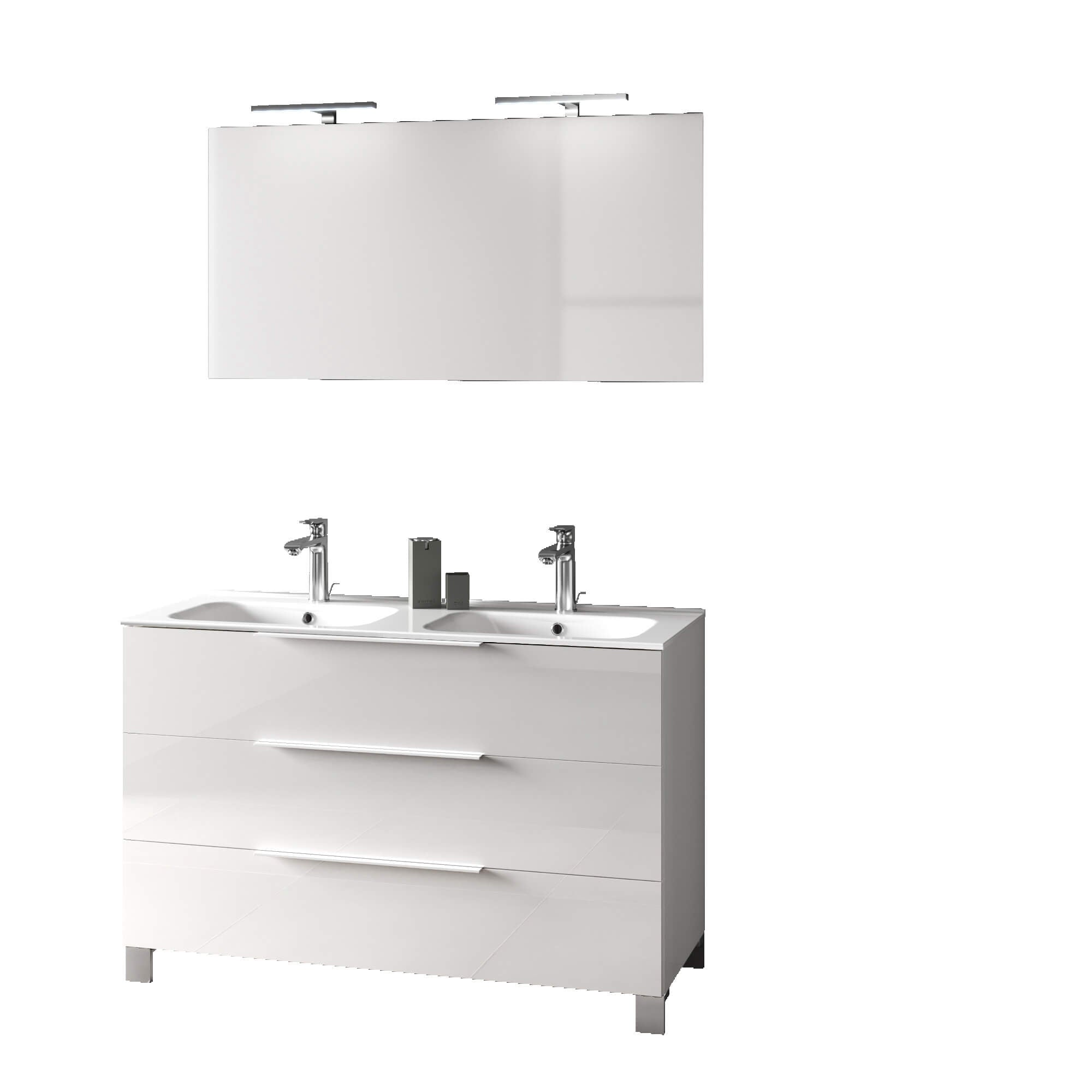 Mobile Bagno 120cm a Terra Con Lavabo doppia Vasca, Tre Cassetti e Specchio Bianco Laccato Lucido
