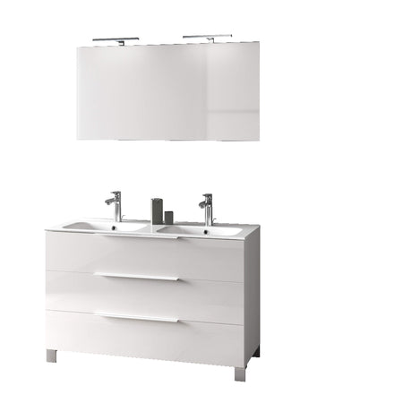 Mobile Bagno 120cm a Terra Con Lavabo doppia Vasca, Tre Cassetti e Specchio Bianco Laccato Lucido