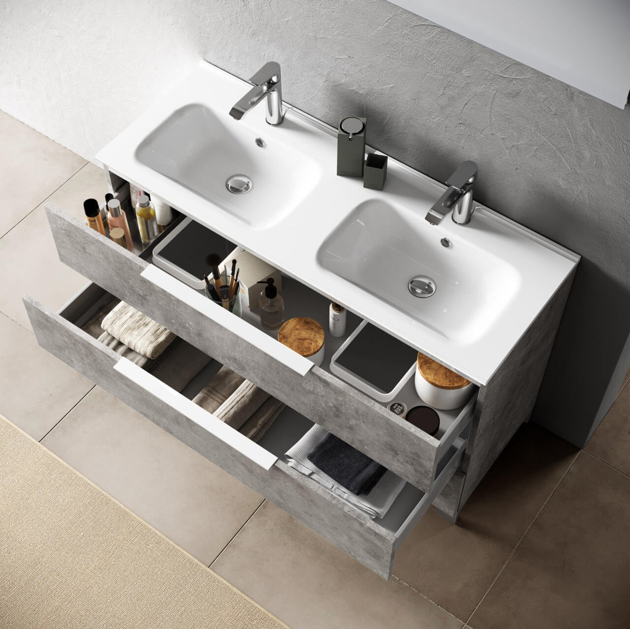 Mobile Bagno 120cm a Terra Con Lavabo doppia Vasca, Tre Cassetti e Specchio Cemento