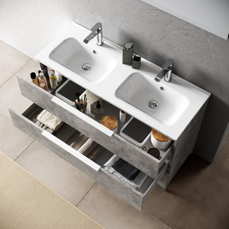 Mobile Bagno 120cm a Terra Con Lavabo doppia Vasca, Tre Cassetti e Specchio Cemento