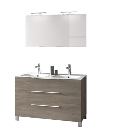 Mobile Bagno 120cm a Terra Con Lavabo doppia Vasca, Tre Cassetti e Specchio Rovere Cenere