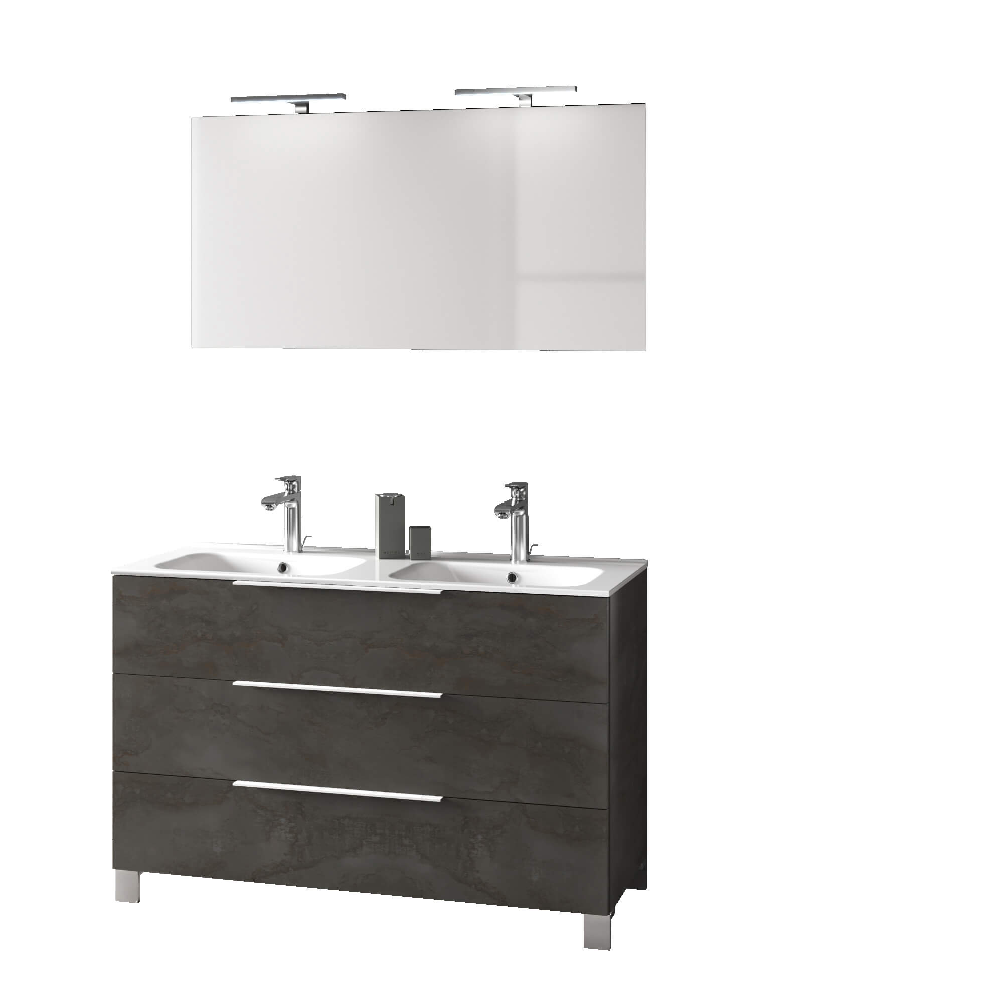 Mobile Bagno 120cm a Terra Con Lavabo doppia Vasca, Tre Cassetti e Specchio Ossido