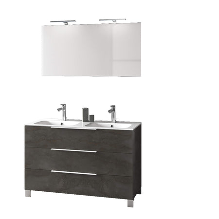 Mobile Bagno 120cm a Terra Con Lavabo doppia Vasca, Tre Cassetti e Specchio Ossido