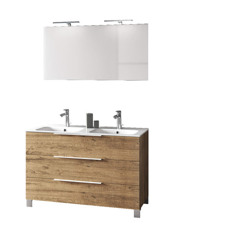 Mobile Bagno 120cm a Terra Con Lavabo doppia Vasca, Tre Cassetti e Specchio Rovere Miele