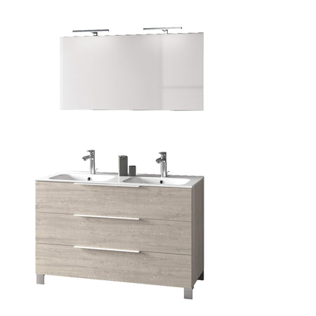 Mobile Bagno 120cm a Terra Con Lavabo doppia Vasca, Tre Cassetti e Specchio Sherwood