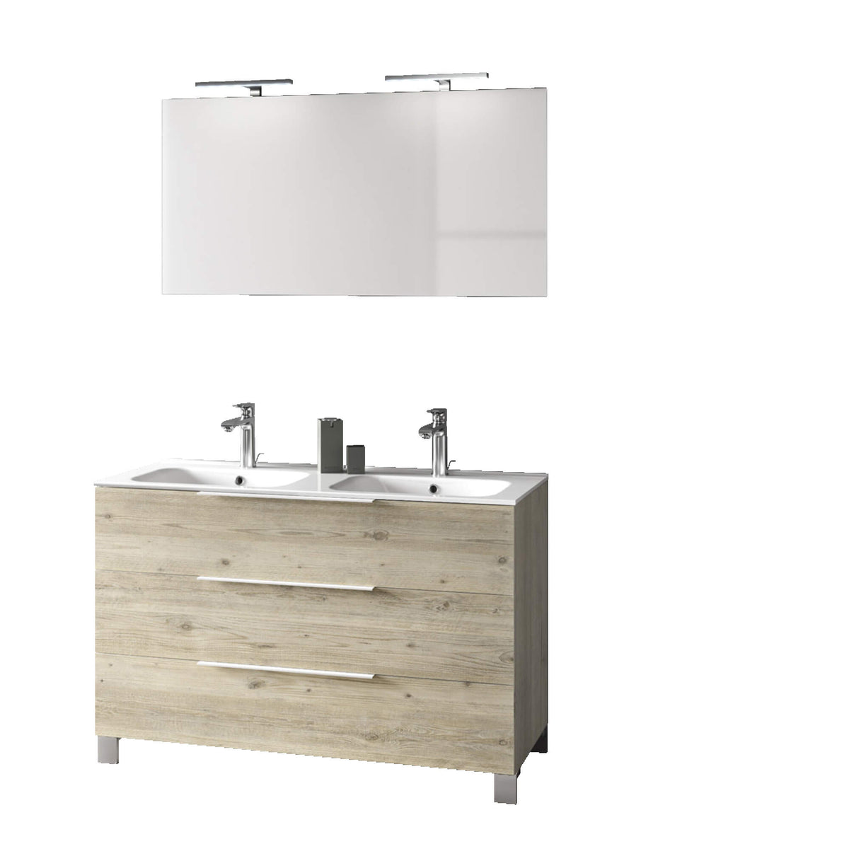 Mobile Bagno 120cm a Terra Con Lavabo doppia Vasca, Tre Cassetti e Specchio Pino Artico