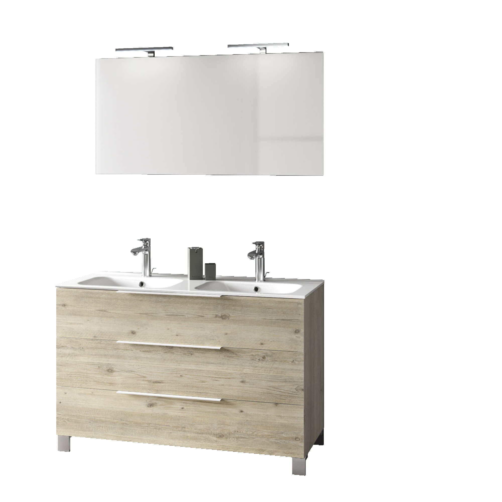 Mobile Bagno 120cm a Terra Con Lavabo doppia Vasca, Tre Cassetti e Specchio Pino Artico