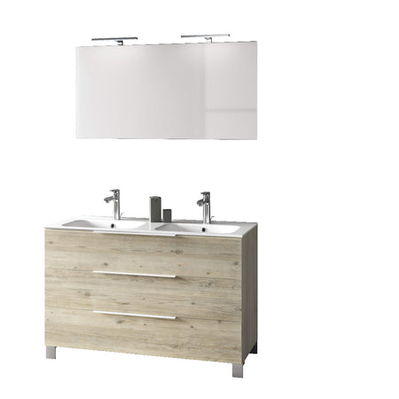 Mobile Bagno 120cm a Terra Con Lavabo doppia Vasca, Tre Cassetti e Specchio Pino Artico