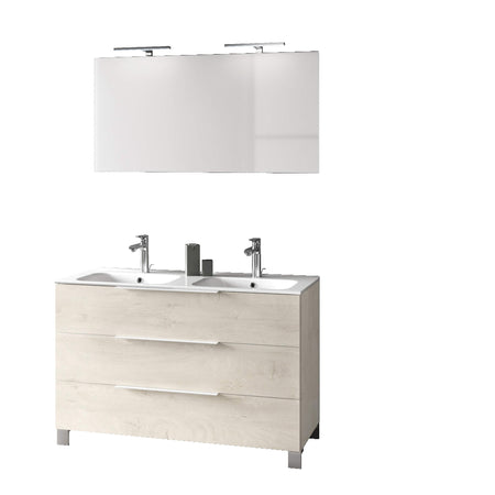 Mobile Bagno 120cm a Terra Con Lavabo doppia Vasca, Tre Cassetti e Specchio Rovere Alaska