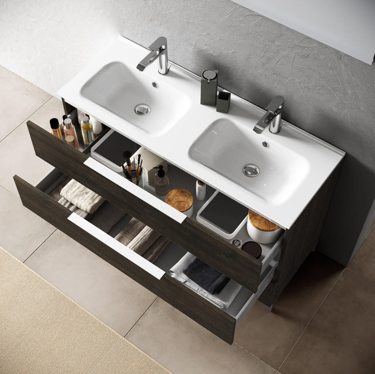 Mobile Bagno 120cm a Terra Con Lavabo doppia Vasca, Tre Cassetti e Specchio Testa di Moro