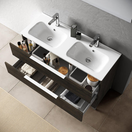 Mobile Bagno 120cm a Terra Con Lavabo doppia Vasca, Tre Cassetti e Specchio Testa di Moro
