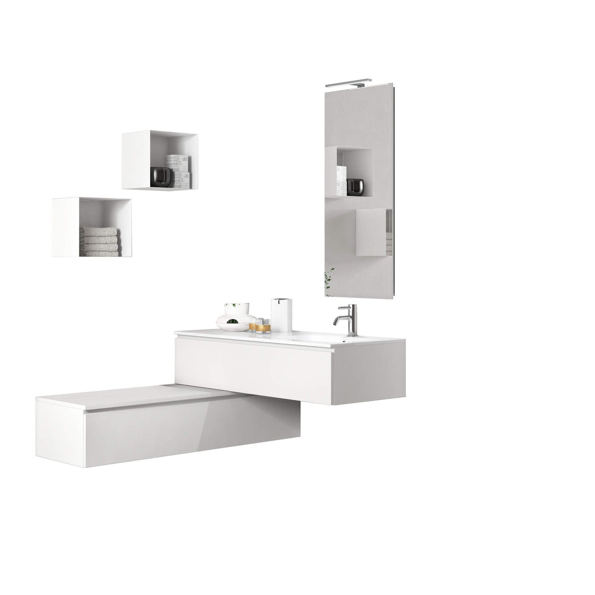 Mobile Bagno 120cm | Lavabo, Doppio Cassettone, Specchio Con Lampada E Cubi Porta Oggetti Bianco