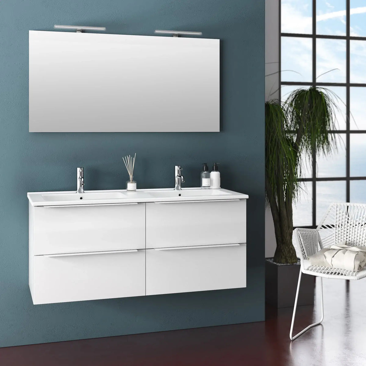 Mobile Bagno Sospeso 120cm Bianco Lucido - Doppio Lavabo Con 2 Cassetti, Design Moderno - Foto 9