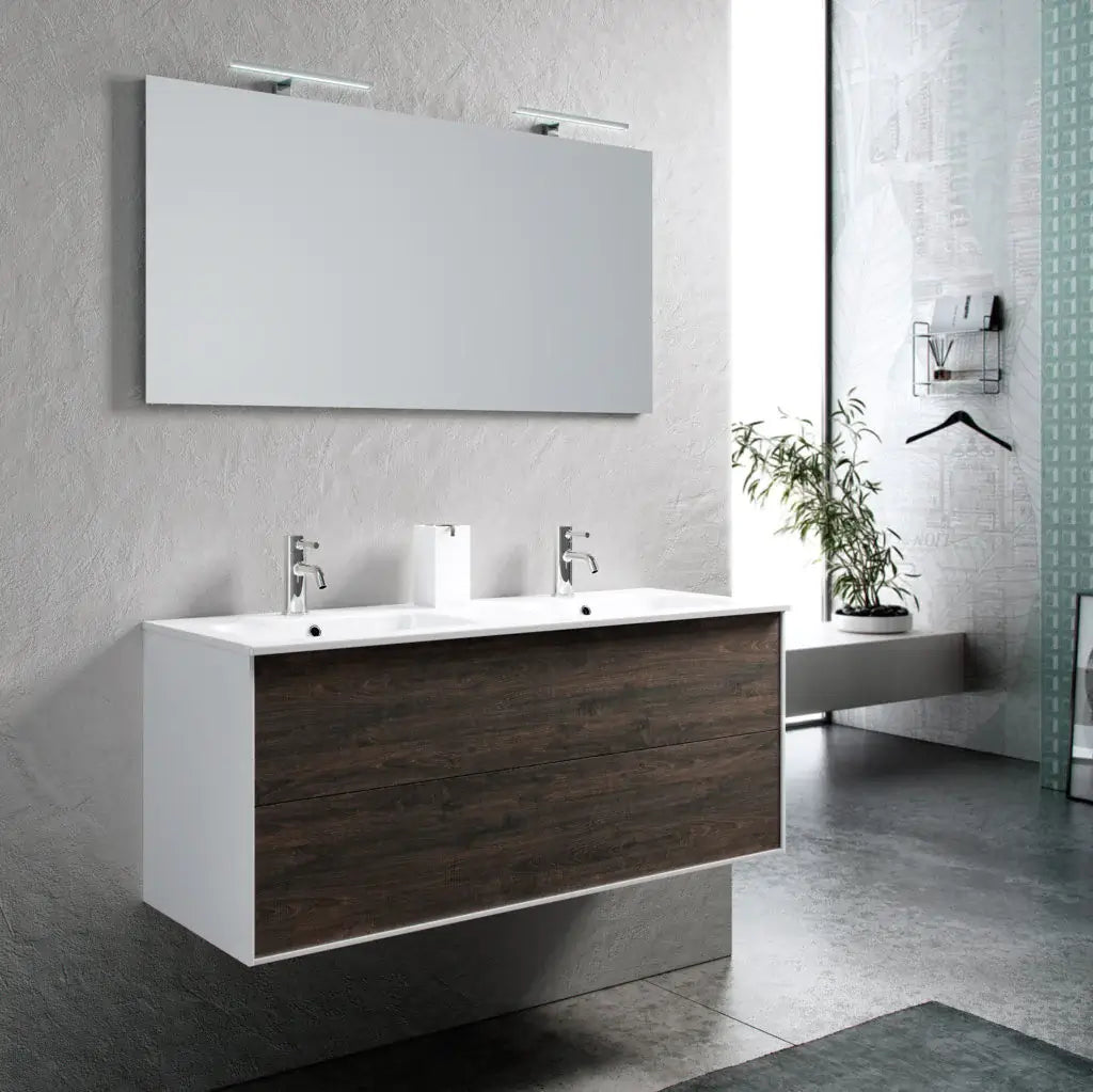 Mobile Bagno 120cm Sospeso Due Cassetti Lavabo Doppia Vasca e Specchio Con Lampada - Shopbagno.it
