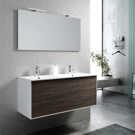 Mobile Bagno 120cm Sospeso Due Cassetti Lavabo Doppia Vasca e Specchio Con Lampada - Shopbagno.it