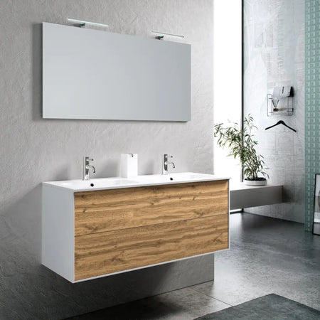 Mobile Bagno 120cm Sospeso Due Cassetti Lavabo Doppia Vasca e Specchio Con Lampada Rovere Miele