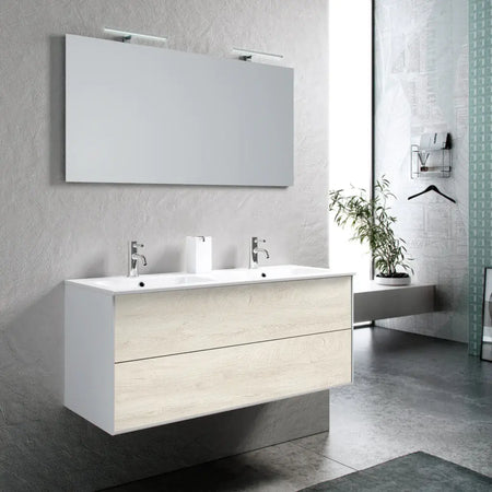 Mobile Bagno 120cm Sospeso Due Cassetti Lavabo Doppia Vasca e Specchio Con Lampada Rovere Alaska