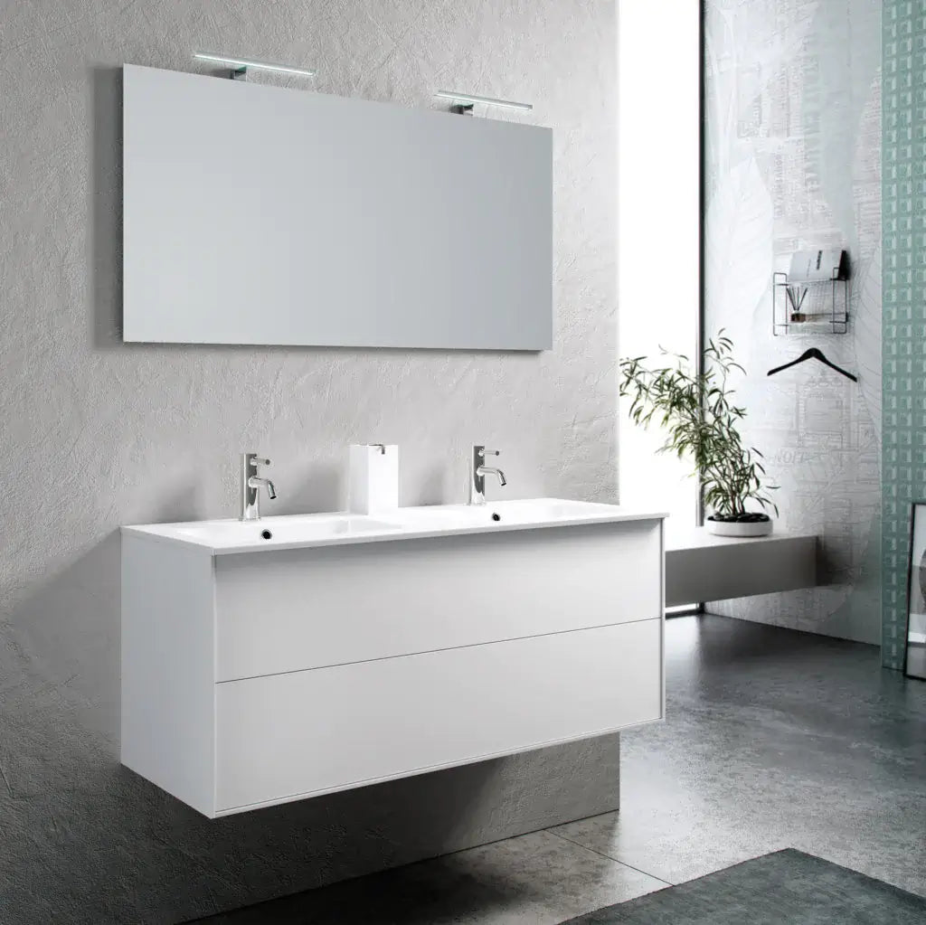 Mobile Bagno 120cm Sospeso Due Cassetti Lavabo Doppia Vasca e Specchio Con Lampada Bianco Opaco