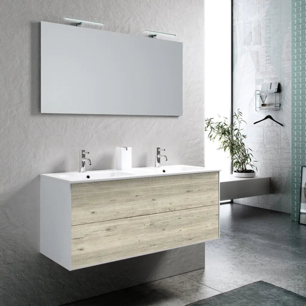Mobile Bagno 120cm Sospeso Due Cassetti Lavabo Doppia Vasca e Specchio Con Lampada Pino Artico