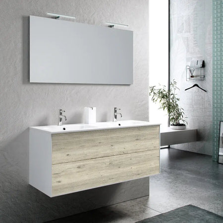 Mobile Bagno 120cm Sospeso Due Cassetti Lavabo Doppia Vasca e Specchio Con Lampada Pino Artico