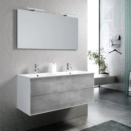 Mobile Bagno 120cm Sospeso Due Cassetti Lavabo Doppia Vasca e Specchio Con Lampada - Shopbagno.it