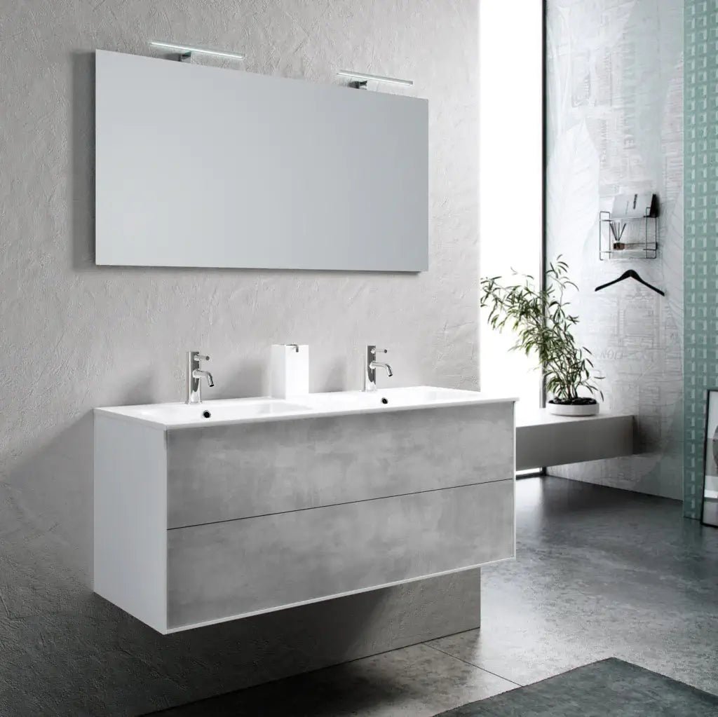 Mobile Bagno 120cm Sospeso Due Cassetti Lavabo Doppia Vasca e Specchio Con Lampada - Shopbagno.it