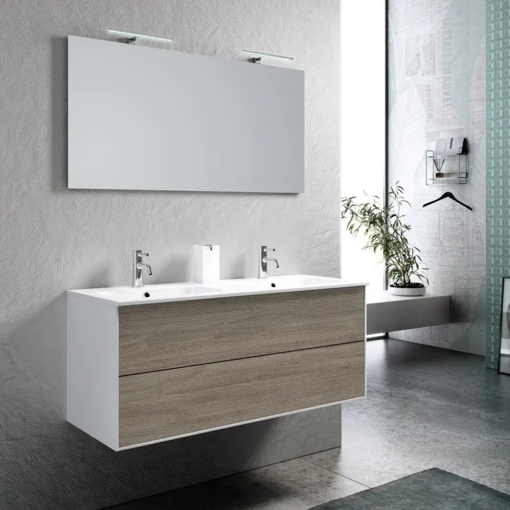 Mobile Bagno 120cm Sospeso Due Cassetti Lavabo Doppia Vasca e Specchio Con Lampada - Shopbagno.it
