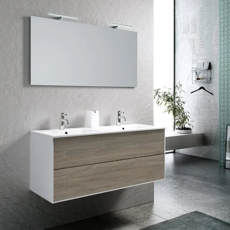 Mobile Bagno 120cm Sospeso Due Cassetti Lavabo Doppia Vasca e Specchio Con Lampada - Shopbagno.it