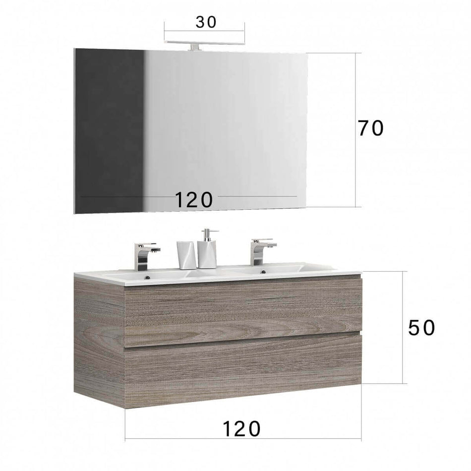 Mobile Bagno 120cm Sospeso Rovere Scuro Doppio Lavabo